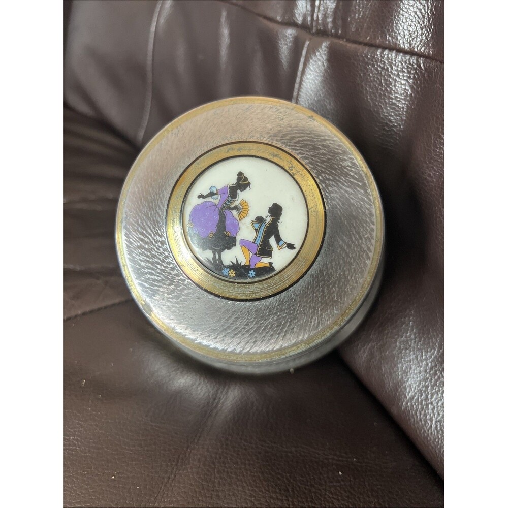 POWDER  PUFF VANITY Boudoir ART DECO MUSIC BOX  SPRAGUE Shiloutte Couple  VTG